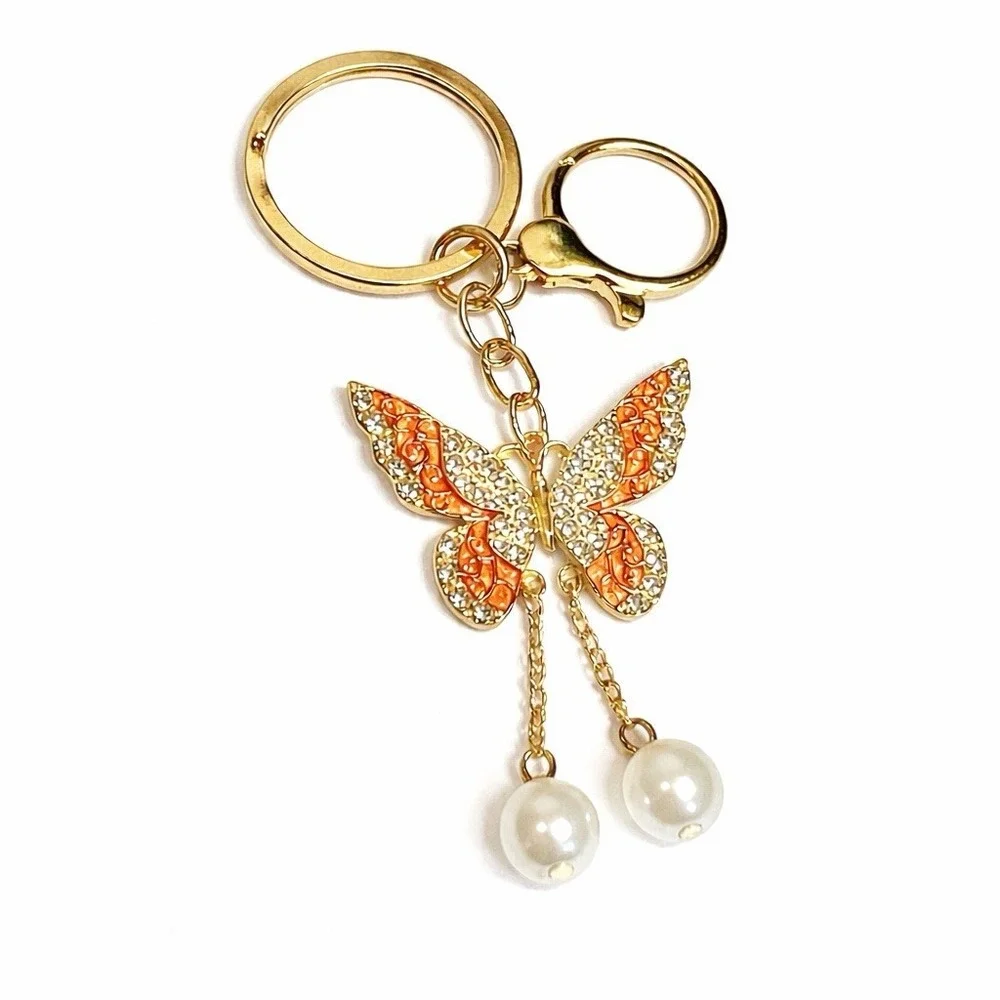 Peach Butterfly Gold Tone Keychain Purse Charm Rhinestone & Metal Clip 3.75